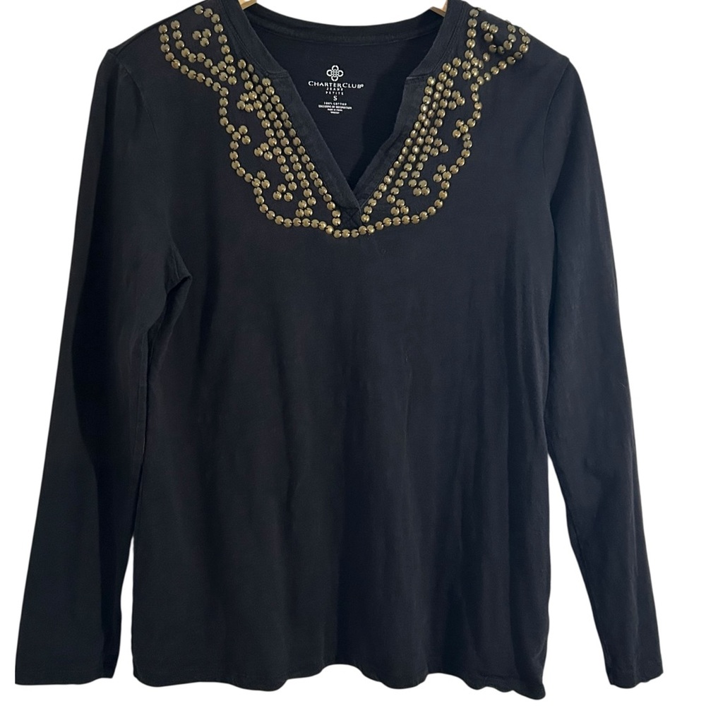 Charter Club Petite Small Black V-Neck Gold Tone Metal Embellished Top